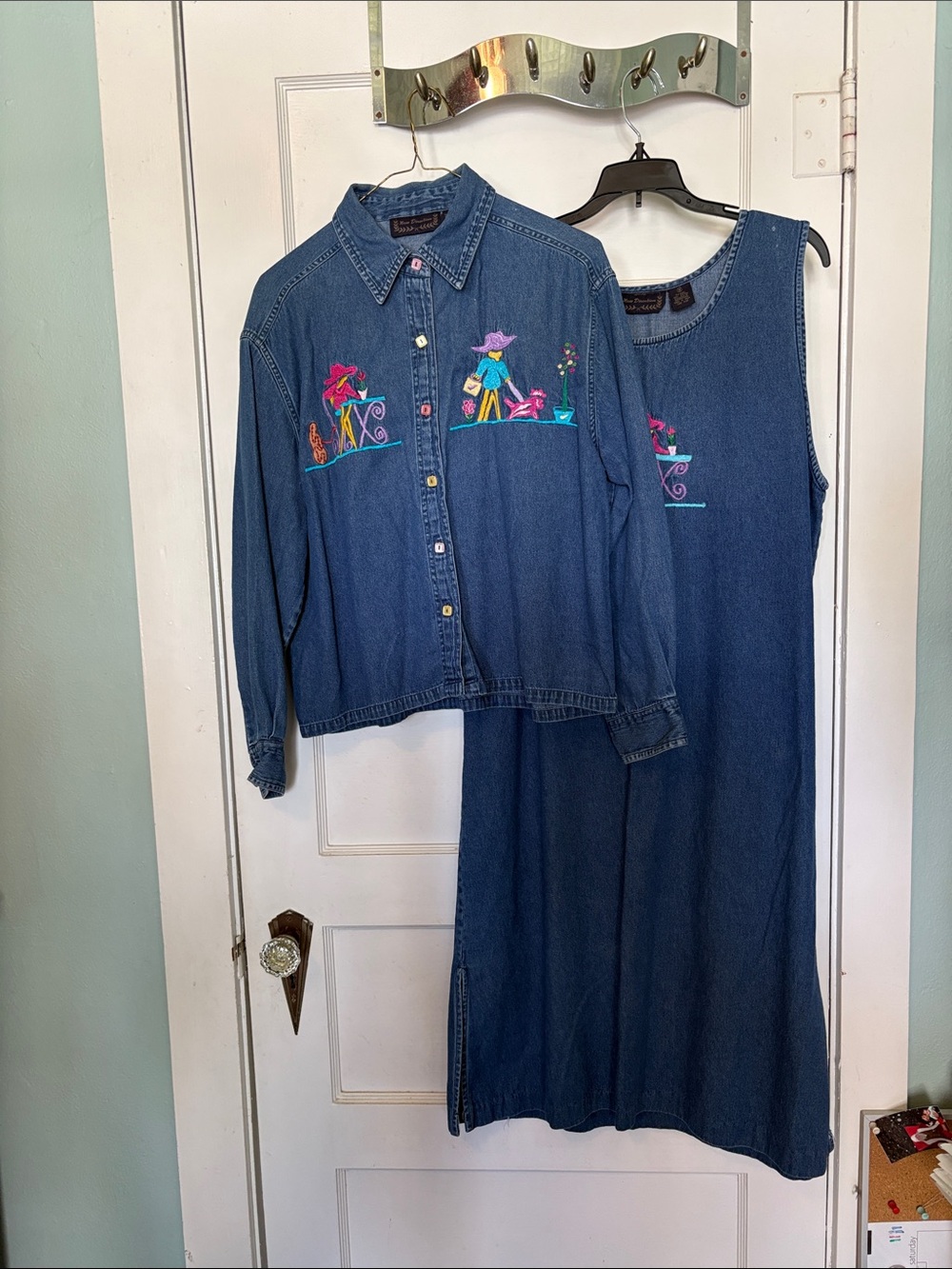 New Direction Denim Embroidered Sleeveless Dress & Matching Button Down Shirt M